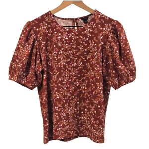 Ann Taylor Rust Orange Floral Crewneck Puff Sleeve Blouse Size Small